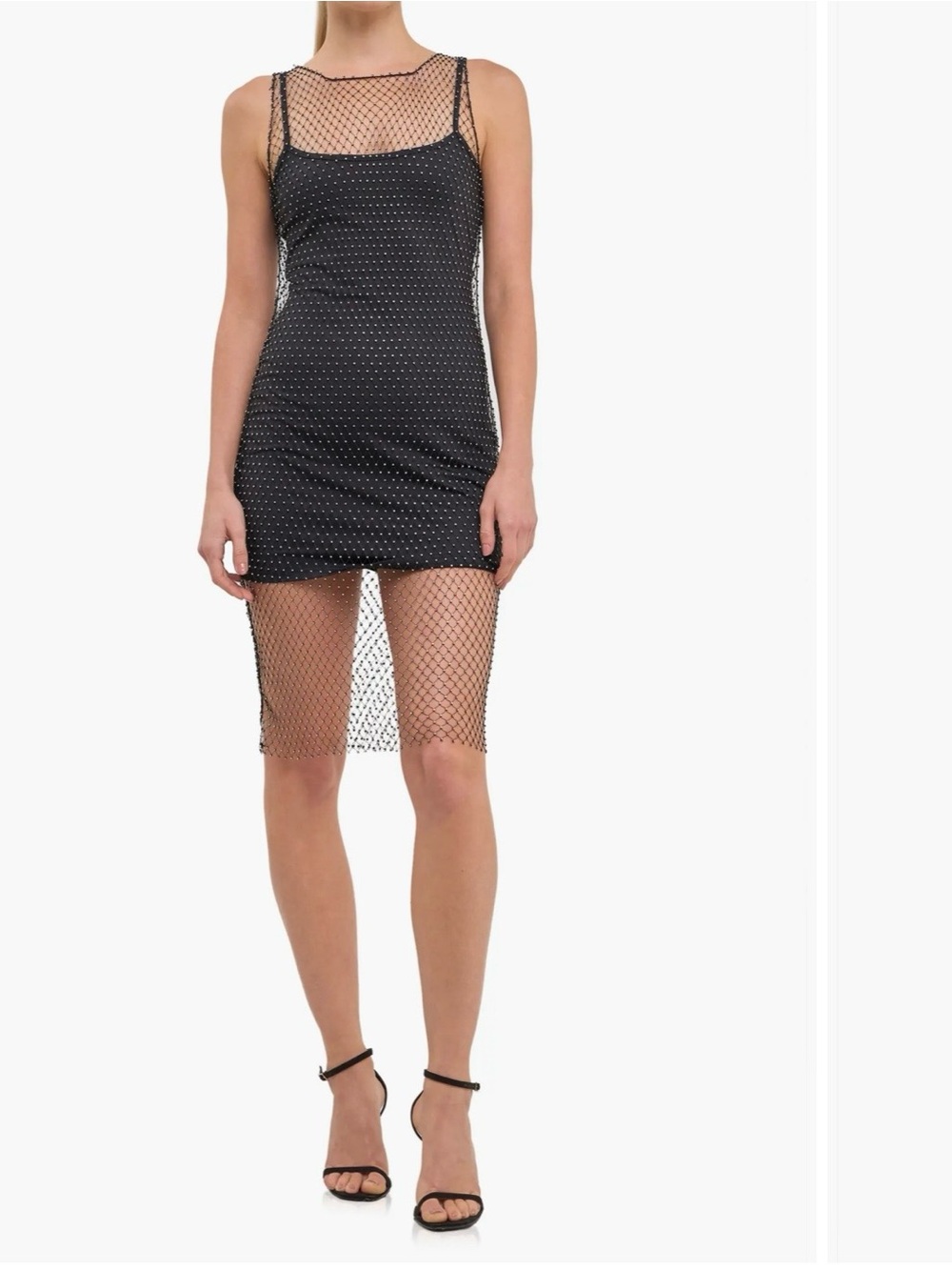 Black Rhinestone Dot Sheer Overlay Mini Dress